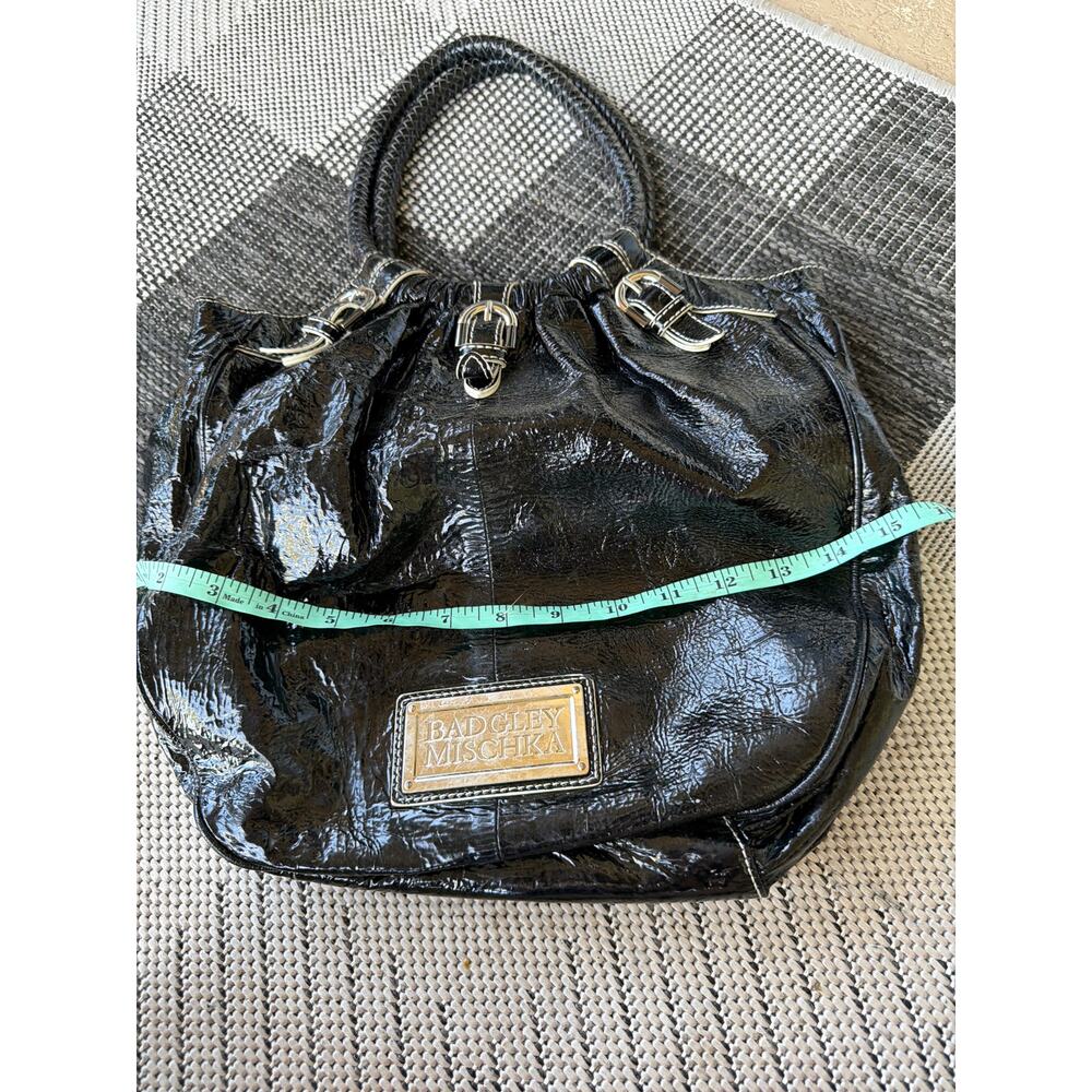 Badgley Mischka Black Patent Leather Handbag Braided Handle Y2K Goth 00s Tote - Picture 4 of 6